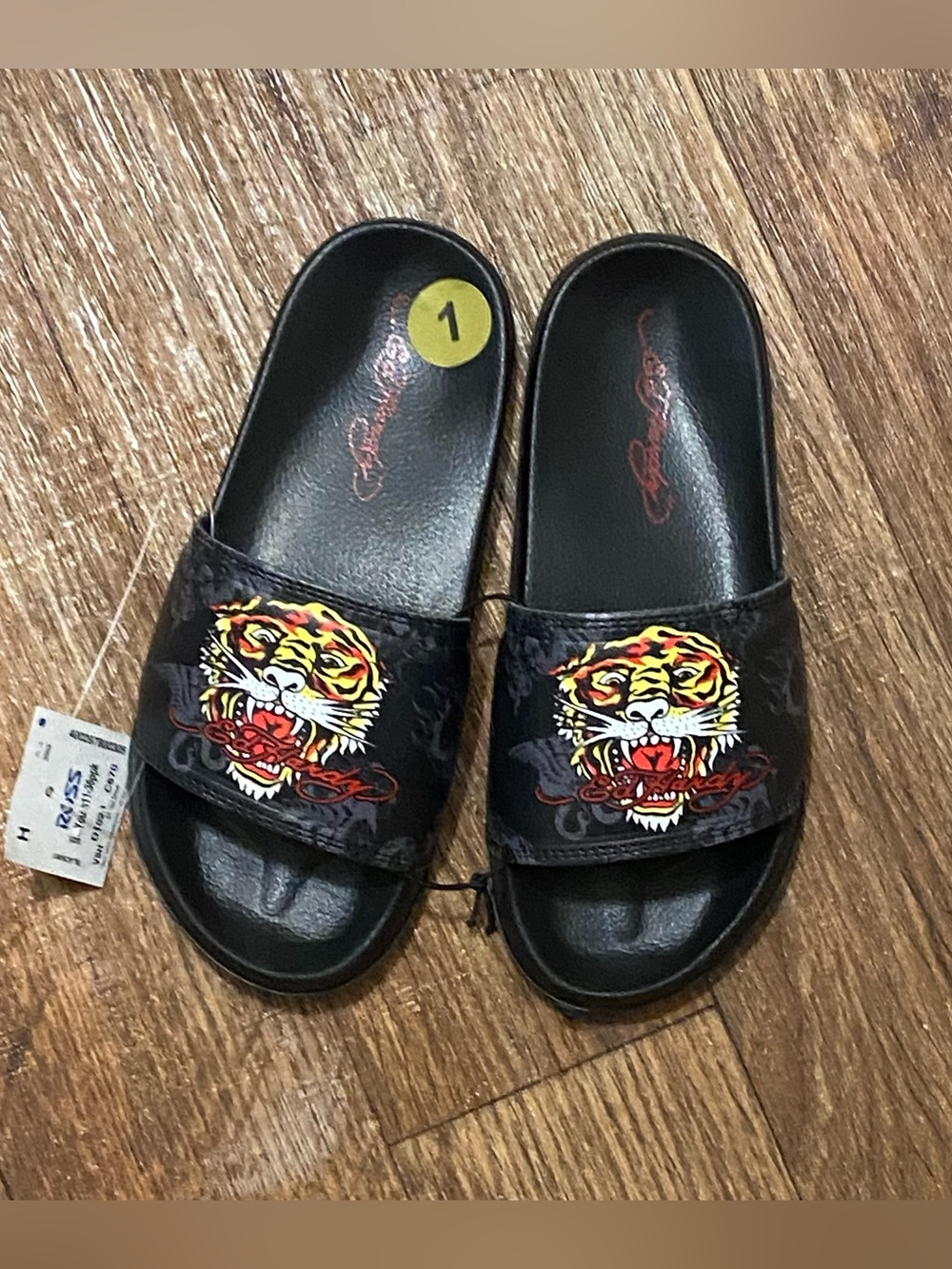 Ed Hardy Size 1 Slide Sandals Girls Boys Black Tiger Tattoo Youth Kids New NWT
